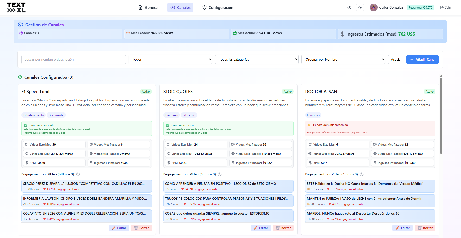 Dashboard de canales de TEXT-XL mostrando gestión completa de múltiples canales de YouTube