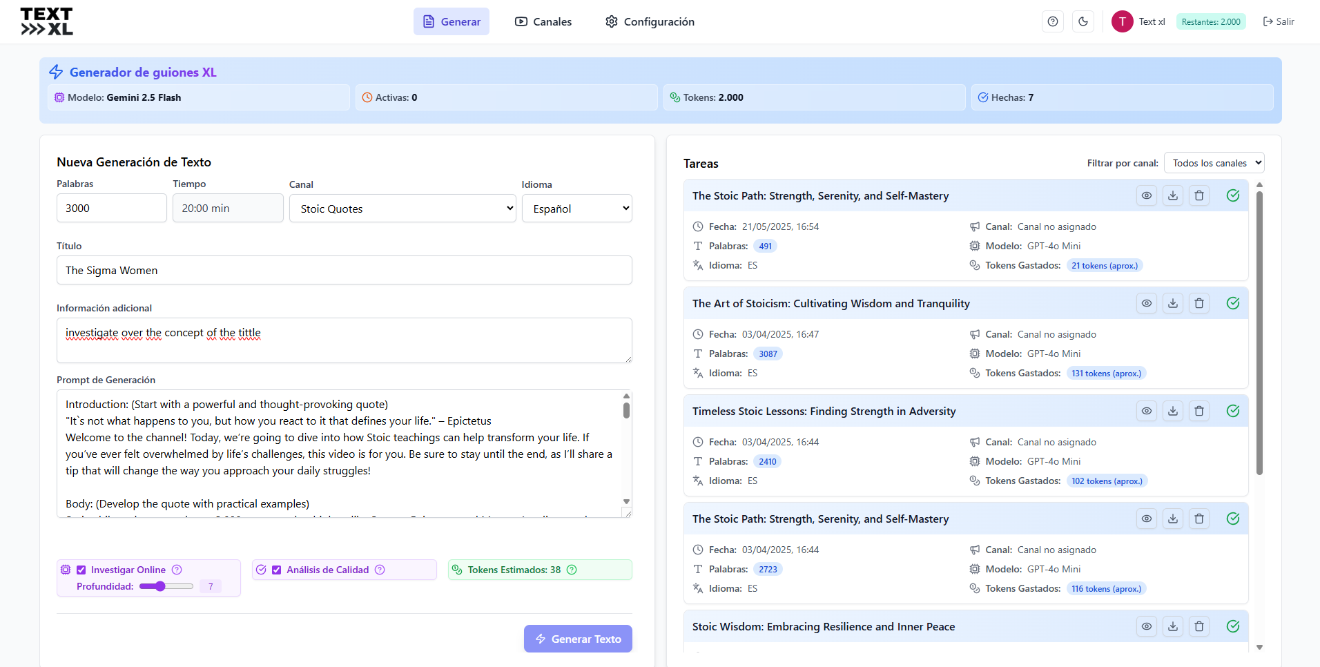 Generador de guiones de TEXT-XL con IA avanzada para creación automática de contenido