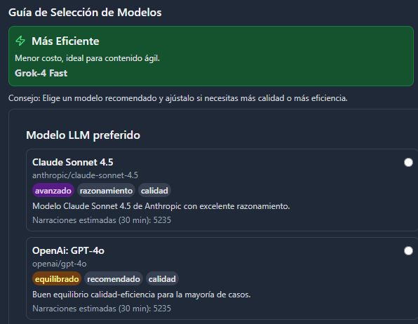Configuración de 6 modelos premium de IA: Claude Sonnet 4.5, DeepSeek Chat V3.1, Gemini 2.5 Flash, GPT-4o, GPT-5 y X-ai Grok 4 Fast para diferentes tipos de contenido
