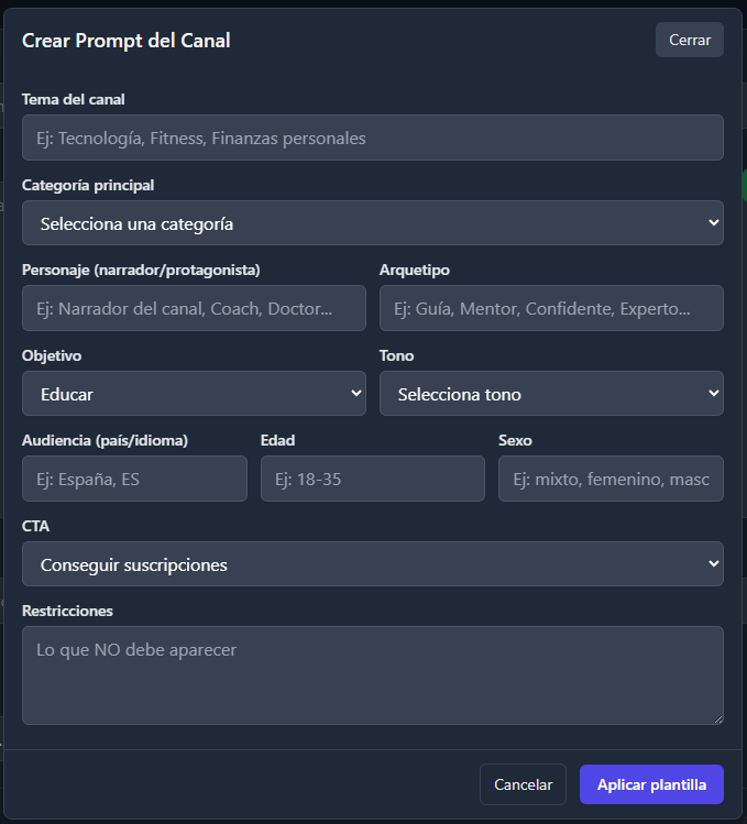 Superprompt inteligente que genera prompts optimizados basados en datos del canal, audiencia y tipo de contenido